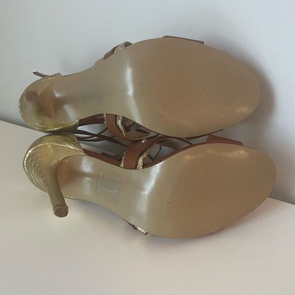 GUESS Brown Gold Snake Skin Strappy Buckle Sandals Heels Size 9.5 Shoes - Picture 12 of 14
